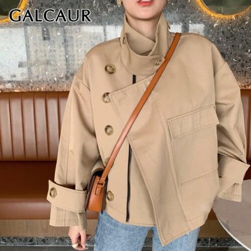 GALCAUR Designer Jackets For Women Stand Collar Long Sleeve Patchwork Pockets Casual Large Size Loose Coats Female 2021 Clothing