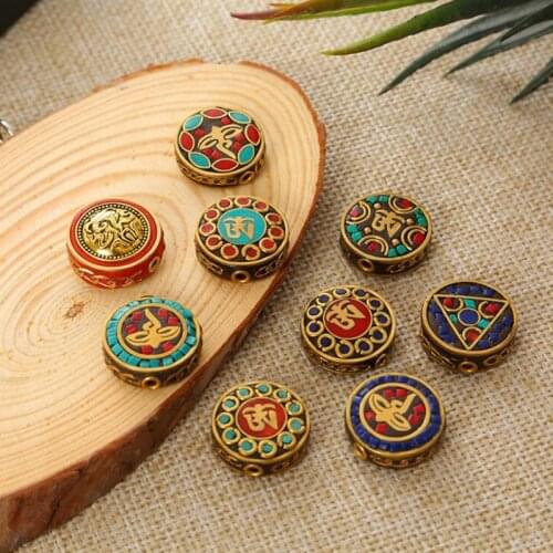 Mix 10pcs Nepal Handmade Tibetan Colorful Clay Round Brass Buddhism DIY Beads To Make Jewelry Bracelets Six-Word Mantra ॐ OM