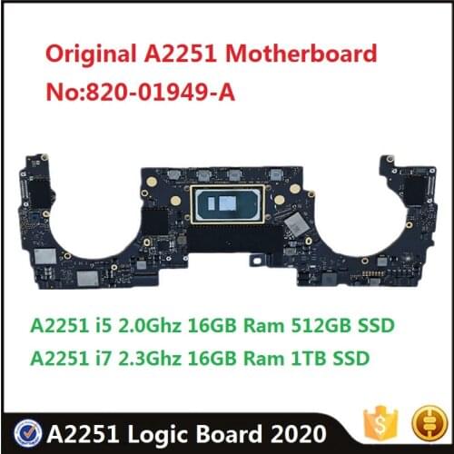 Original 820-01949-A Motherboard For MacBook Pro 13" A2251 2020 i5 2.0GHz 512GB i7 2.3GHz 16G 1TB Logic Board Replacement Used