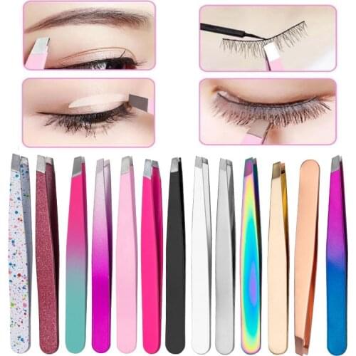 Stainless Steel Slanted Flat Tip Multifunction Stainless Steel Clip Facial Hair Remove Eyebrow Tweezer Eye Makeup Tools