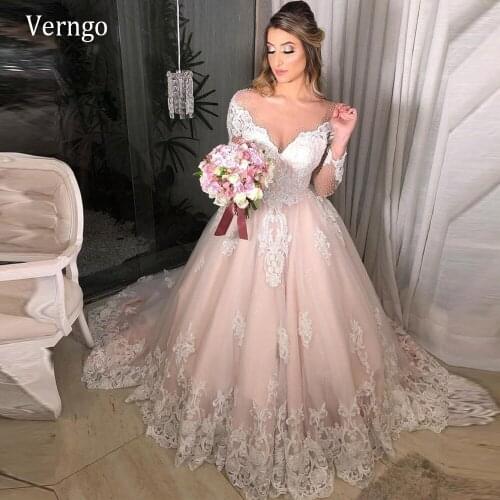 Verngo Saudi Arabia Blush Pink Lace Applique Pearls Wedding Dress Long Sleeves Sheer Neck Buttons Back Elegant 2021 Bride Gowns