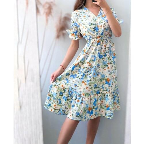 Summer Women Chiffon Floral Printed Dress Female Puff Sleeve Vintage Casual Loose Elastic Waist Bohemian Dresses Vacation