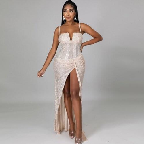 African Dresses For Women 2021 Summer Glitter Split V-Neck Sexy Party Dress Long Tunic Night Club Sleeveless Long Maxi Dresses