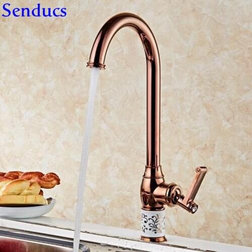 Senducs Rose Gold Kitchen Faucet Deck Mounted Brass Bathroom Basin Sink Faucet Single Lever Rose Gold Kitchen Mixer Tap