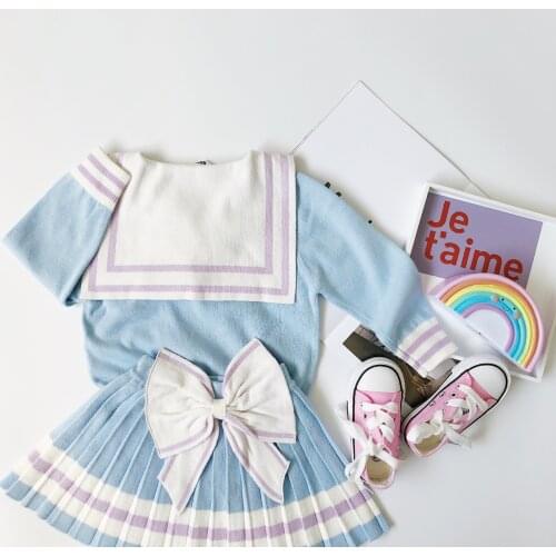 Tonytaobaby Autumn and Winter Dresses New Kids Childrens Dresses Light Blue Princess Bow Suit Knitted Beautiful Girls Two Suits