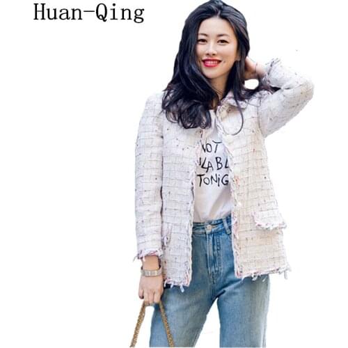High Quality Runway Women Tweed Jacket Coat Winter Vintage Single-breasted White Plaid Jacket Long Sleeve Casaco Outerwear Coats