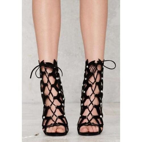 Stylish open toe lace-up high heel women sandals fashion square hollow out rivets stiletto heels sandal boots size34 to 42