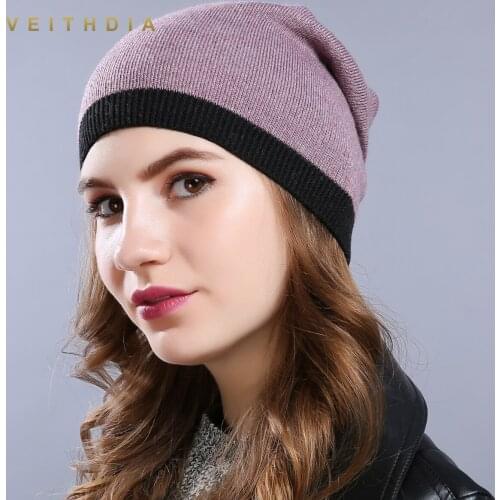 VEITHDIA WomenS Hats Knitted Wool Autumn Winter stripe High Quality Brand New 2019 Hot Sale Hat Female Skullies Beanies