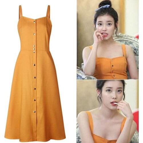 KPOP IU Lee Ji Eun Yellow Sexy Strapless Dresses Women Summer Plus Size Singles Breasted Sleeveless Elegant Camisole Long Dress