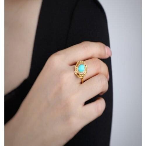 S925 silver inlaid natural ore turquoise hollow design can hold small objects zircon embellishment womens ring