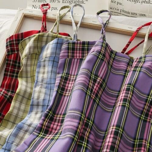 Gingham Print Cami Dress Red Mini Dress Women Clothes Summer Bodycon Sleeveless Spaghetti Grid Strap Sexy Short Dress G1710