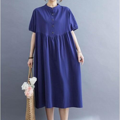 Short Sleeve Loose Summer Dress Stand Collar Solid Color Cotton Linen Vintage Dress Women Holiday Travel Casual Midi Dress