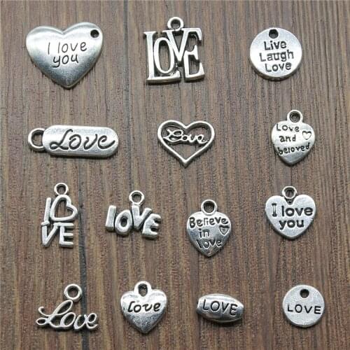 50pcs Charms Love Antique Silver Color Love Heart Charms Jewelry Findings DIY Word Love Charms Wholesale