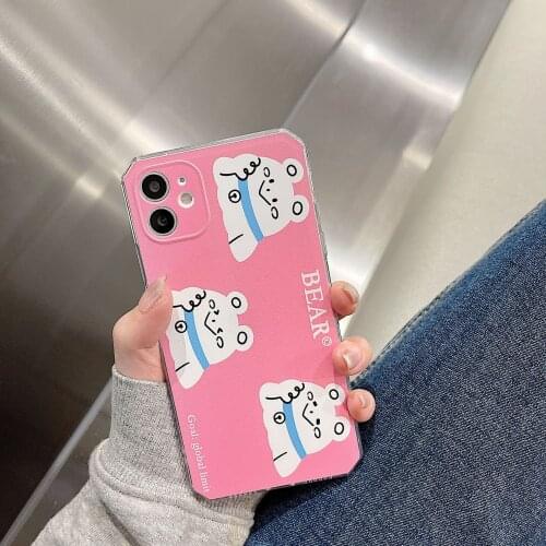 Retro pink Smile bells bear Korean Phone Case For iPhone 11 12 Pro Max Xr Xs Max 7 8 Plus X 7Plus case Cute Soft TPU Back Cover