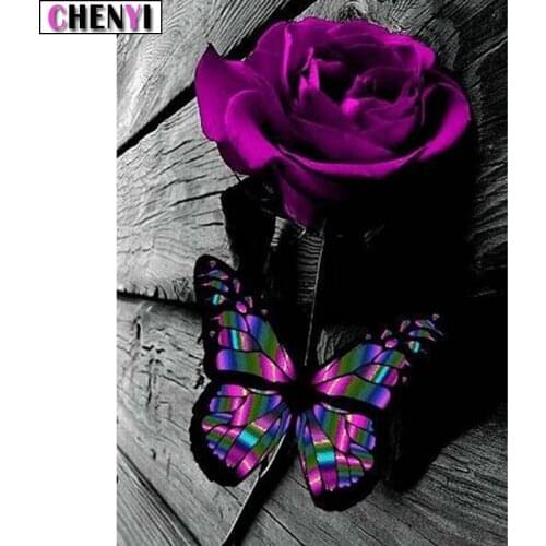 CHENYI 5D Diamond Painting Purple Roses Cross Stitch Diy Full Drill Needlework Diamond Embroidery Butterfly Mosaic Craft Decor
