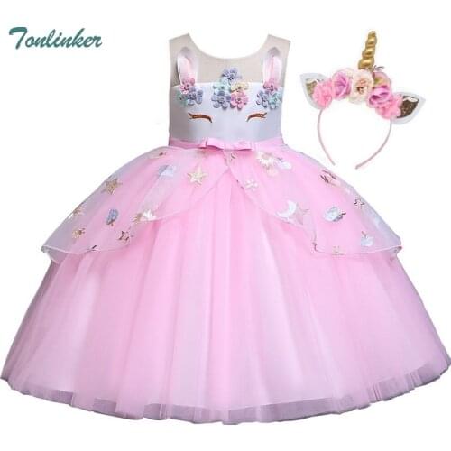 Girls Princess Costumes Kids Unicorn 3D Flowers Tutu Dresses Halloween Birthday Theme Party Costume 2-10 Years Pink Blue Purple