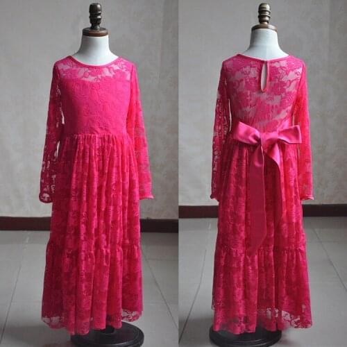 2017 Hot Pink Children Girls Evening Dresses kids Elegant Long Lace Dress Straight Formal Gowns Princess 6pcs/lot for Wedding