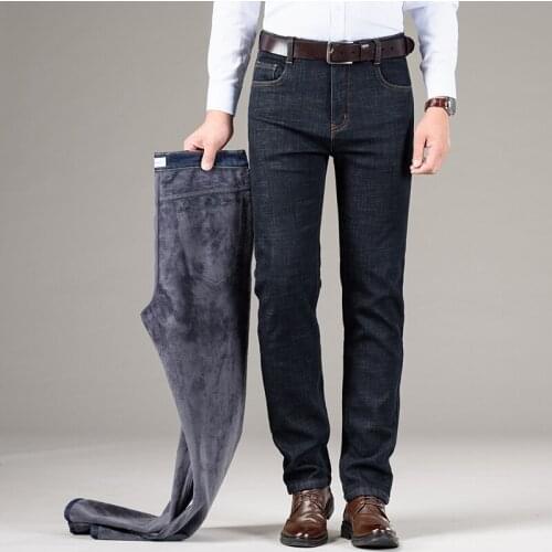 Winter Large Size Fleece Jeans Mens Loose Plush Classic Trousers Thick Warm Black Velvet Stretch Mens Trousers Oversize Blue