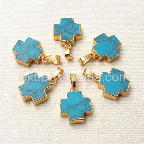WT-P952 Amazing Natural howlite cross pendant with gold trim, small size natural howlite stone cross pendant 15mm