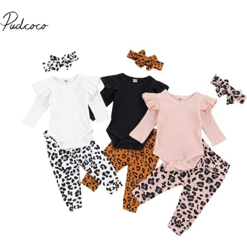 3Pcs Infant Baby Girl’s Clothes Fresh Solid Color Flying Sleeve Ribbed Jumpsuit and Leopard Trousers with Headband