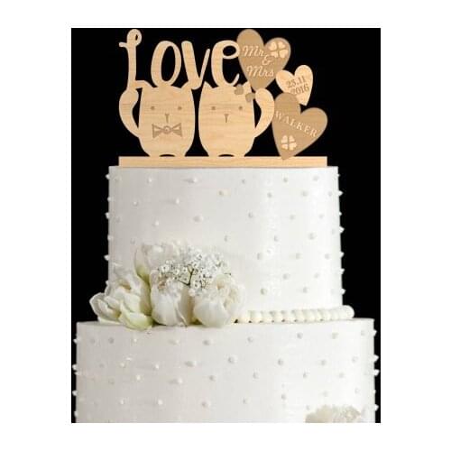 Cat wedding cake topper,rustic wooden topper with initial and date , mr mrs, couple topper