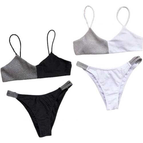Bikini Color Block Shiny Two Piece Set Swimwear Women Summer Spaghetti Straps Bra Briefs Bathing Suit for Beach