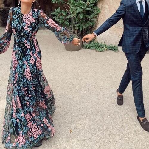 Floral Printed Summer Womens Dress A Line Long Sleeve Backless Ankle Length Female Evening Party Dress Midi Dress Plus Size2021