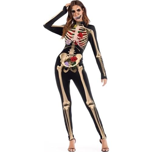 New 006 Sexy Femme Bodysuit Halloween Skull Cosplay Printed Playsuit Overalls Tights Fitness Women Jumpsuits