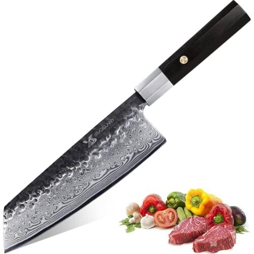 BIGSUNNY Kiritsuke Chef’s Knife - 8.3" Forged Vegetable Meat Knife - High Carbon Damascus Steel - Octagonal Sandalwood Handle