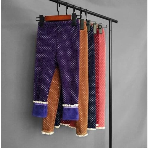 Autumn Winter Kids Warm Pants Sweet Girls Lace Fleece Leggings Childrens Slim Thick Velvet Trousers Girls Dot Pant