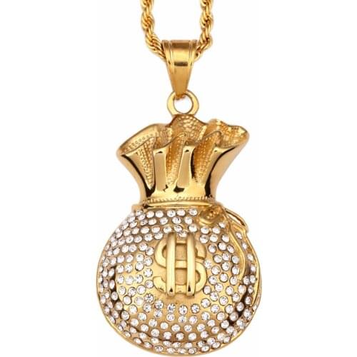 Stainless Steel Dollar Necklace Rope Chain Crystal Rhinstone Cool Fashion Money Bag Shape Pendant Hip Hop Men Jewelry Bling t30