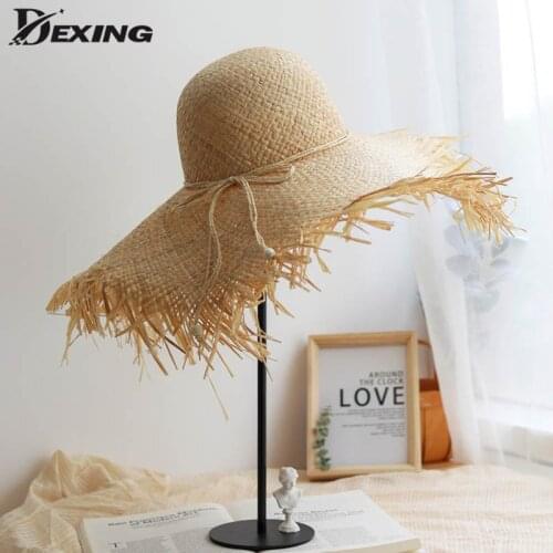Summer Handmade Straw Sun Hats for Women Large Wide Brim Gilrs Natural Raffia Panama Ladies Hat Beach Floppy Hat for Holiday
