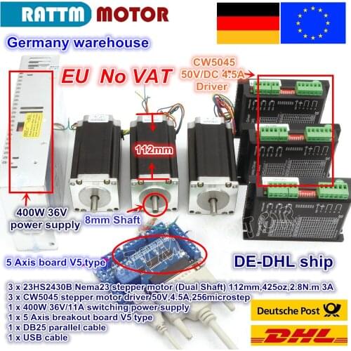 EU ship / free VAT 3 Axis Nema23 425Oz-in Dual shaft Stepper Motor + 256 Microstep Driver CNC engraving machine