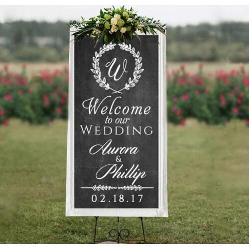 Wreath Design Wedding Weclome Sign Board Stickers Custom Bride Groom Names Vinyl Wall Decal Wedding Ceremony Decoration AZ435