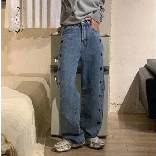 Women Korea Style Embroidery Casual High Waist Straight Plus Size Jeans Female Loose Leisure Hot New Fashion Denim Pants