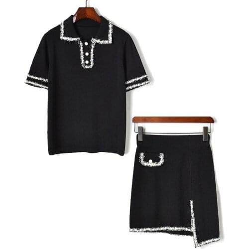 2 pieces set outfits 2020 summer women casual patchwork knitted sweater + irregular split mini skirt sets black white JC401