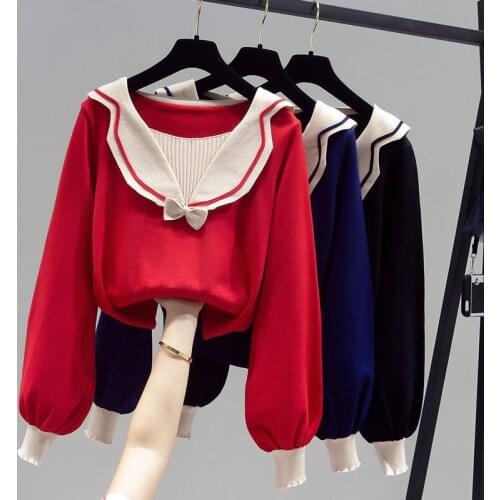 Korean Doll Collar Woman Long Sleeve Sweater Pullover 2020 New Autumn Winter Fashion Loose Sweet Bowknot Pullover Sweater Female