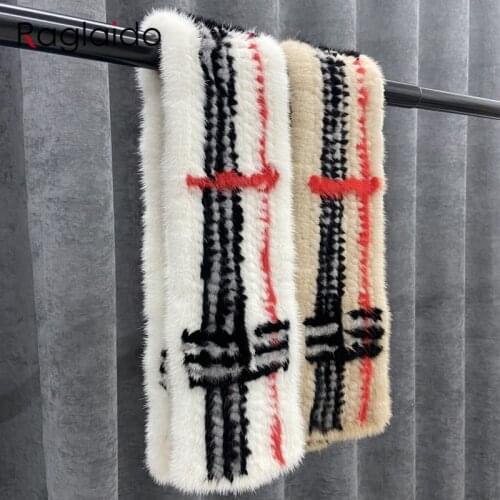 Winter Fur Scarf for Women Warm Knitted Natural Mink Fur Shawls Female Stylish Plaid Scarves 90x12cm