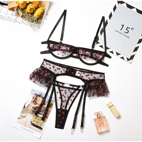 2020 New Sexy Fashion Mesh Perspective Patchwork Garters Underwire Lingerie Set Women 3PCS Set Push Up Bra Set Underwear HB283