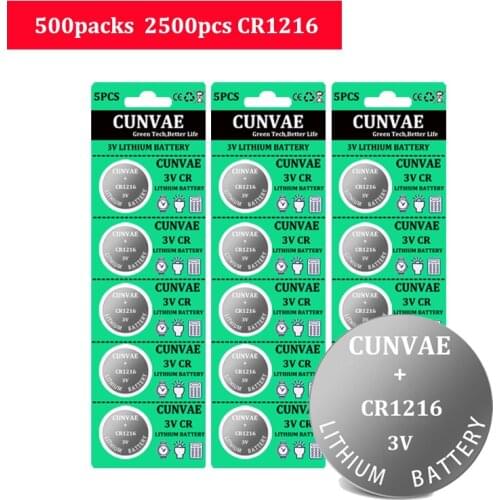 2500pcs/500packs CR1216 Button Batteries 3V Lithium Cell DL1216, BR1216, ECR1216, 5034LC, LM1216 for Watch Electronic Toy Remote