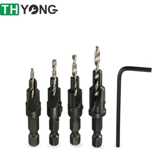 4PCS Quick Change Hex Shank Countersink Tapered Drill Cone Reaming Drill Bit Set Woodworking Tools Screw Carpentry Chamfer Mill