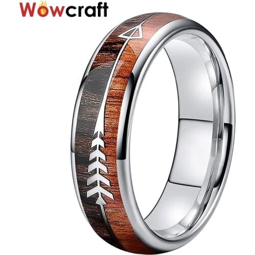 6mm Arrow Koa Wood Inlay Mens Tungsten Carbide Rings Womens Wedding Band Polished Shiny Comfort Fit