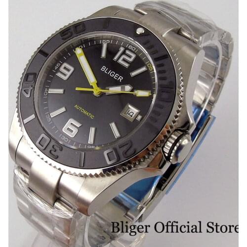 BLIGER 43mm Automatic Black Men Watch 21 Jewels MIYOTA 8215 Black Brushed Insert Oyster Strap Screwdown Crown Glide Lock