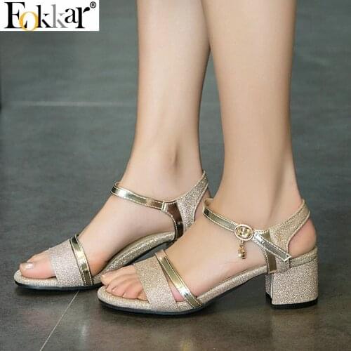 Eokkar 2019 Women Open Toe Block Heel Sandals Ankle Strap Women Shoes Glitter Platform Ladies Summer Shoes Plus Size 34-45