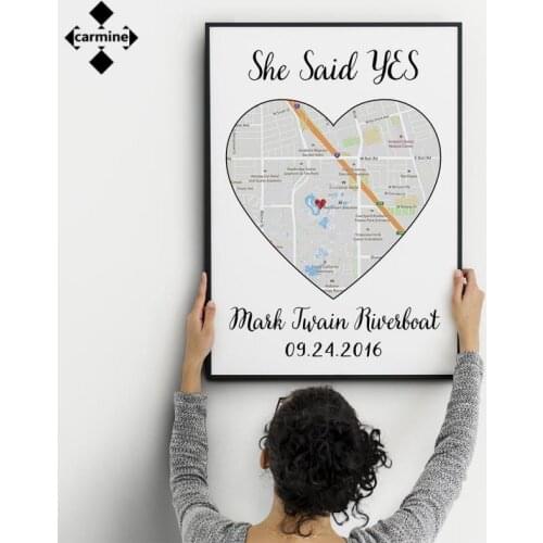Custom Heart Map Art Canvas Print Personalized Wall Art Hello Will You I Do Romantic Quotes Canvas Painting for Anniversary Gift