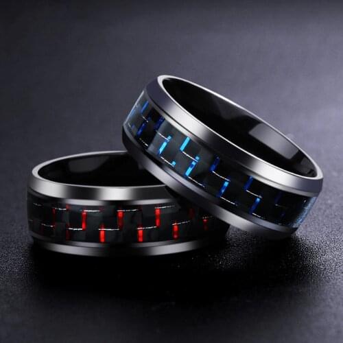 YWSHK 2020Fashion Titanium Steel Black Carbon Fiber Rings Red Blue Color for Mens Wedding Band Cool Jewelry Exquisite Party Gift