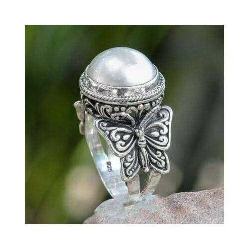 Fashion Exquisite Womens Butterfly rings White Pearl Stud rings for Wedding Engagement Party Jewelry Gifts