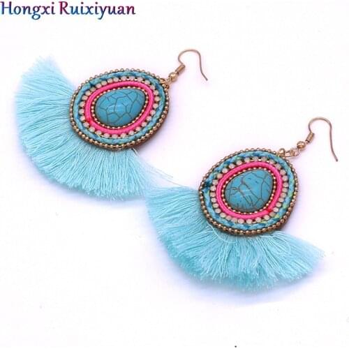 Fashion earrings jewelry bohemian tassels rhinestone leather ladies earrings retro round drop-shaped party handmade earrings
