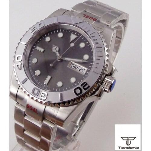 Sapphire Mens Automatic Watch Japan NH36 Movement Sterile Gray Face Week Date Display 904L Band Glide Lock Rotating Bezel