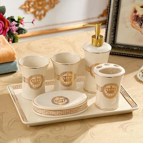 Bathroom Accessories Set Ceramic Soap Dispenser/Dish Toothbrush Holder & Cups With Tray Lavatory Luxury 5-6 Pieces Wedding Gifts